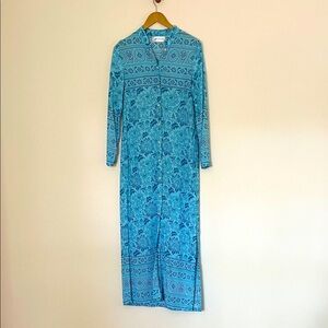 Walker & Wade Mandarin Duster Maxi Dress | Blue Pattern | Rayon | Size Small | E